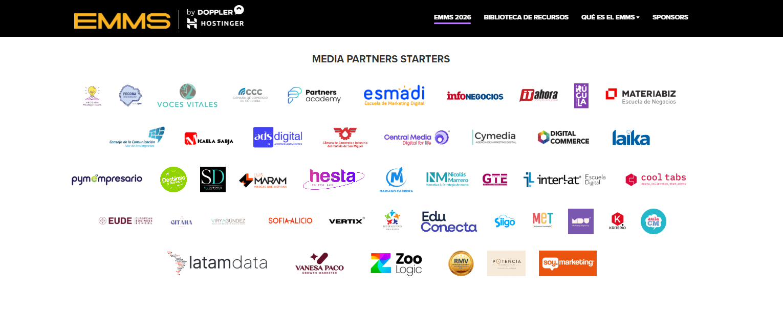 Sitio web del EMMS by Doppler mostrando la sección Media Partners Starters con los logos de los partners
